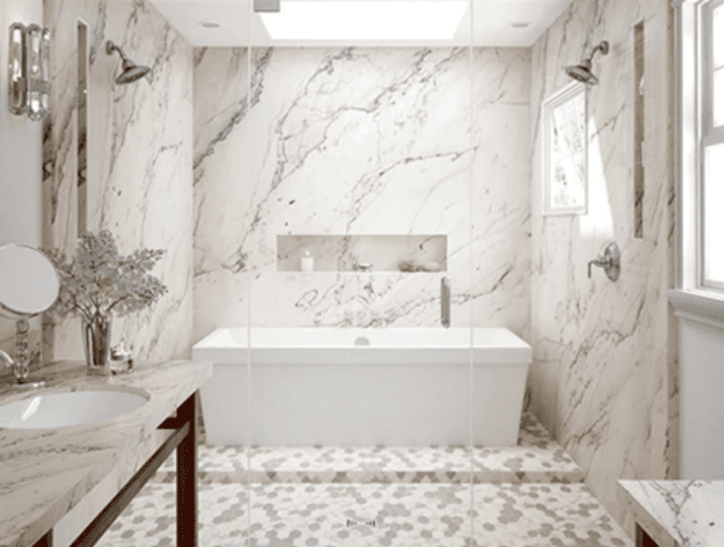 A bathroom with marble walls and floors, and a tub.