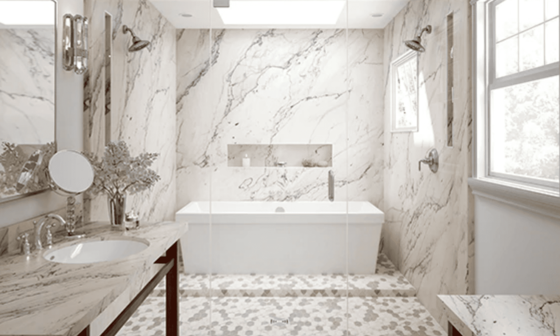 A bathroom with marble walls and floors, and a tub.