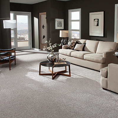 A living room with couches, coffee table and windows.