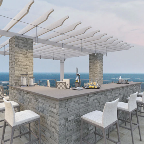 A bar with chairs and tables on top of it